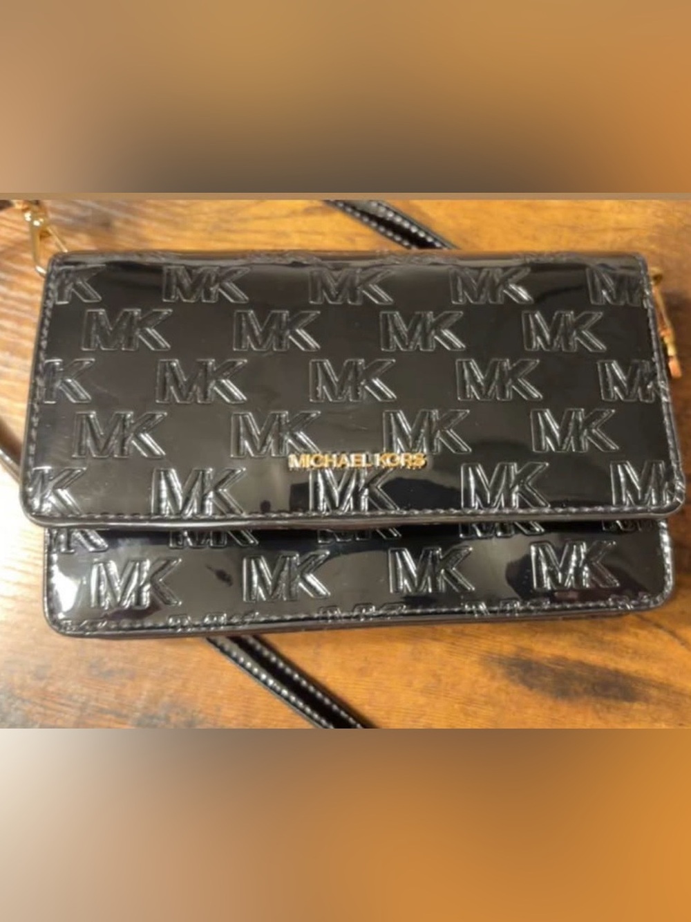 Michael Kors Black Patent Embossed MK Crossbody with Gold Tone Logo
